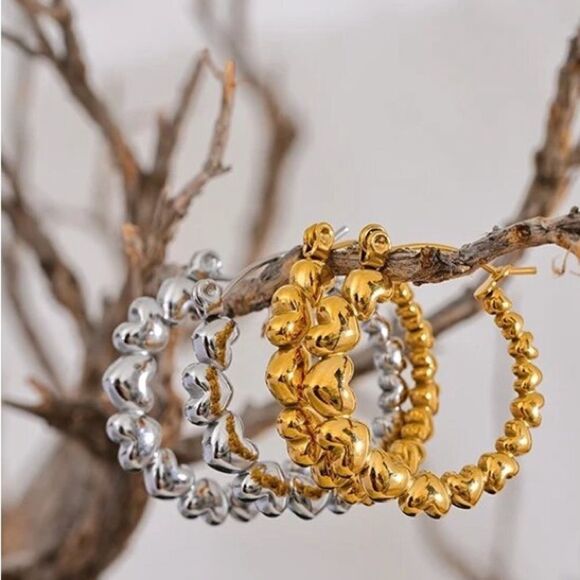 String of Heart Golden Hoop Earrings - Picture 2 of 2